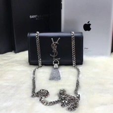 Mała skórzana torebka YSL z łańcuszkiem i frędzlami, 17 cm, czarno-srebrna