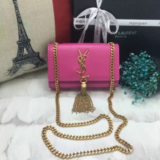 Mała skórzana torebka YSL z łańcuszkiem i frędzlami, 17 cm, intensywnie różowa