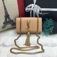 Torebka YSL z małym łańcuszkiem z frędzlami, skórzana, 17 cm, morelowo-złota