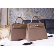 Torba Hermes Kelly 25 cm z cielęcej skóry Epsom, ręcznie szyta, z okuciami z palladu, etoupe CK18 RS03907