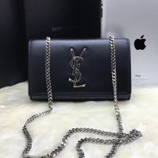 Torebka YSL z gładkiej skóry na łańcuszku 22 cm, czarno-srebrna