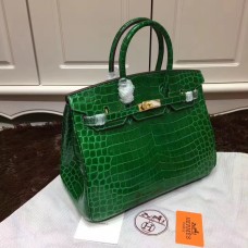 Torebka Hermes Birkin 35 cm ze skóry krokodyla, zielono-złota