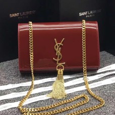 Torebka YSL z frędzlami i łańcuszkiem, 22 cm, lakierowana, ciemnoczerwona