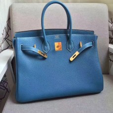 Torebka Hermes Birkin 35cm ze skóry bydlęcej, niebiesko-złota