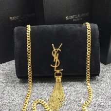 Torebka YSL z frędzlami i łańcuszkiem, 22 cm, zamsz, czarna