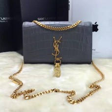Torebka YSL z frędzlami i łańcuszkiem 22 cm, szaro-złota, krokodyla