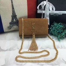 Torebka YSL z małym łańcuszkiem i frędzlami, 17 cm, skóra zamszowa, kolor camelowy