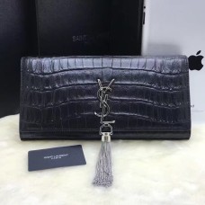 Kopertówka YSL z frędzlami 27 cm, skóra krokodyla, czarno-srebrna