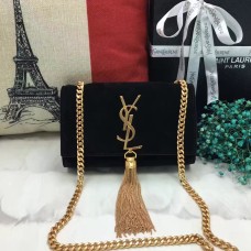 Mała torebka YSL z frędzlami i łańcuszkiem, 17 cm, zamsz, kolor czarny