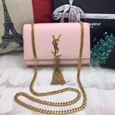Torebka YSL z frędzlami i łańcuszkiem, 22 cm, gładka skóra, jasnoróżowe złoto