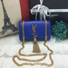 Mała skórzana torebka YSL z łańcuszkiem i frędzlami, 17 cm, niebieska