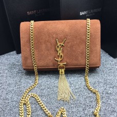Torebka YSL z frędzlami i łańcuszkiem, 22 cm, zamsz, brąz