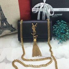 Mała skórzana torebka YSL z łańcuszkiem i frędzlami, 17 cm, czarna