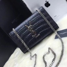Torebka YSL z monogramem i łańcuszkiem 22 cm, krokodyl, czarno-srebrny