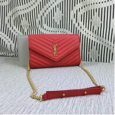 Torebka kopertówka YSL z łańcuszkiem, skóra kawiorowa, czerwona, 23 cm