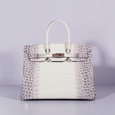 Torebka Hermes Birkin 35 cm ze skóry krokodyla w kolorze szaro-białym i złotym