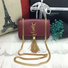 Mała skórzana torebka YSL z łańcuszkiem i frędzlami, 17 cm, bordowa
