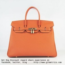 Torebka Hermes Birkin 35cm z żyłkami ze skóry bydlęcej w kolorze pomarańczowym i złotym