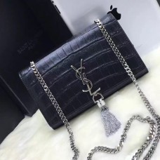 Torebka YSL z frędzlami i łańcuszkiem 22 cm, krokodyl, czarno-srebrny