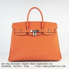 Torebka Hermes Birkin 35cm z żyłkami ze skóry bydlęcej, pomarańczowo-srebrna