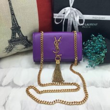 Mała skórzana torebka YSL z łańcuszkiem i frędzlami, 17 cm, fioletowa