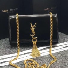 Torebka YSL z frędzlami i łańcuszkiem, 22 cm, lakierowana, czarna