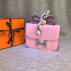 Hermes Constance 23cm skóra krokodyla różowa