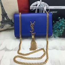 Torebka YSL z frędzlami i łańcuszkiem, 22 cm, gładka skóra, niebiesko-złota