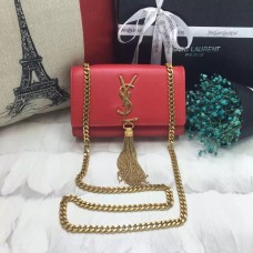 Mała skórzana torebka YSL z frędzlami i łańcuszkiem, 17 cm, czerwone złoto