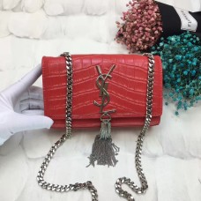 Torebka YSL z frędzlami i łańcuszkiem 17 cm, krokodylowo-czerwony, srebrny