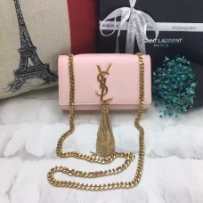 Torebka YSL z frędzlami i łańcuszkiem ze skóry naturalnej, 17 cm, jasnoróżowe złoto