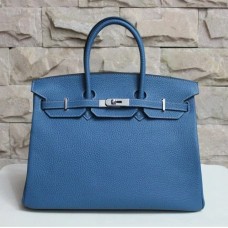 Torebka Hermes Birkin 35cm z żyłkami ze skóry bydlęcej, niebiesko-srebrna