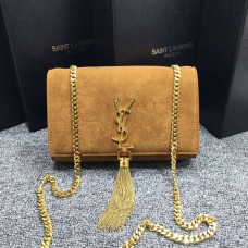 Torebka YSL z frędzlami i łańcuszkiem, 22 cm, skóra zamszowa, kolor camelowy
