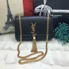 Torebka YSL z frędzlami i łańcuszkiem, 22 cm, gładka skóra, czarno-złota