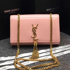 Torebka YSL z frędzlami i łańcuszkiem, 22 cm, lakierowana, różowa