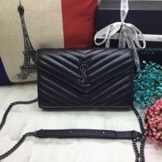 Torebka kopertówka YSL z kawiorem, skóra, czarny, metaliczny, łańcuszek, 23 cm