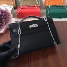 Hermes Mini Kelly 22 cm Skóra Epsom Czarno-srebrny Pasek z Łańcuszkiem