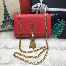 Torebka YSL z frędzlami i łańcuszkiem, 22 cm, gładka skóra, czerwone złoto