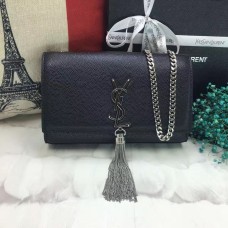 Torebka YSL z frędzlami i łańcuszkiem 22 cm, skóra kawiorowa, czarno-srebrna
