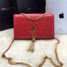 Torebka YSL z frędzlami i łańcuszkiem 22 cm, krokodylowo-czerwony, złoty