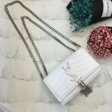 Torebka YSL z frędzlami i łańcuszkiem 17 cm, krokodyl, biały, srebrny