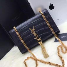 Torebka YSL z frędzlami i łańcuszkiem 22 cm, krokodyl, czarno-złoty