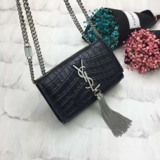 Torebka YSL z frędzlami i łańcuszkiem 17 cm, krokodyl, czarno-srebrny