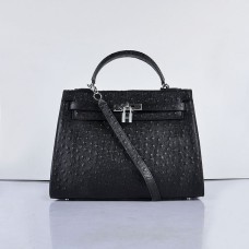 Hermes Kelly 32cm żyła strusia 6108 czarno-srebrny
