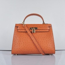 Hermes Kelly 32cm żyłka strusia 6108 pomarańczowo-złota