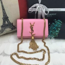 Mała skórzana torebka YSL z łańcuszkiem i frędzlami, 17 cm, różowa