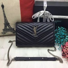 Torebka kopertowa YSL z kawiorem, skóra, czarny, srebrny, łańcuszek, 23 cm